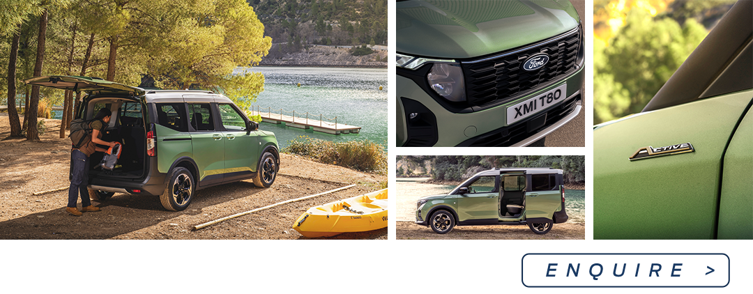 Khaki green Ford Tourneo parked by water with yellow kayak next to it with person taking a bag out the boot